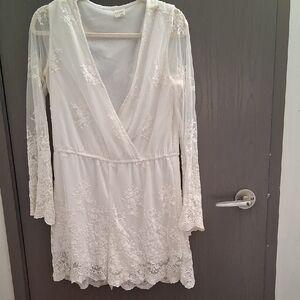 White Lace Romper With V Neck. Has One Snap While The Hook Closure Needs Love